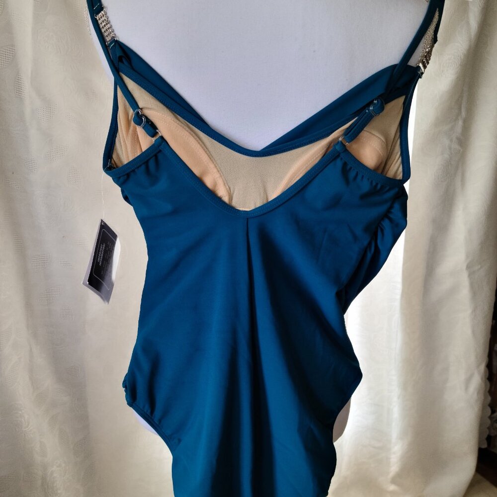 SHAPE FX BLUE TUMMY CONTROL SWIMSUIT-SIZE 8- BEJEWELED WRAP RUCHED- ONE-PIECE - Picture 5 of 11